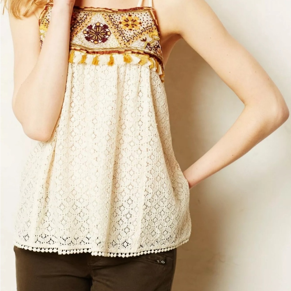 Anthropologie HD in Paris Embroidered Cream Lace Women's Top sizeXS Tikal tassel